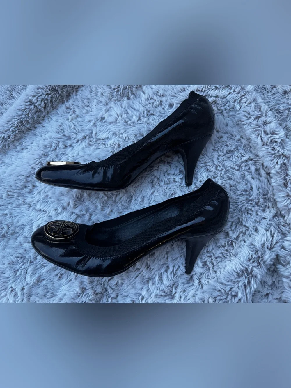 Tory Burch Black Patent Leather Logo Heels with Gold Emblem